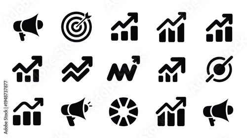 Bundle of marketing icons including graphs megaphones and targets for business and advertising concepts