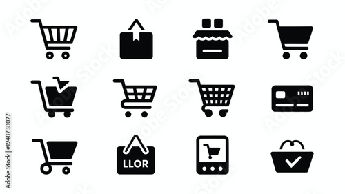 Ecommerce icons set including shopping carts and bags on white background for online business