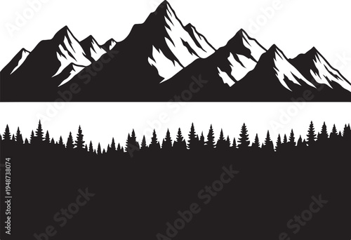 Vector illustration featuring silhouettes of majestic mountains and a dense forest of pine trees, ideal for outdoor themes