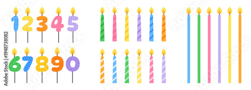 Set of colorful birthday candles and number candles from zero to nine. Party decoration collection for birthday cards, invitations, cakes and celebration design