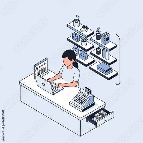 A person working on a laptop at a desk with a cash register and shelves.