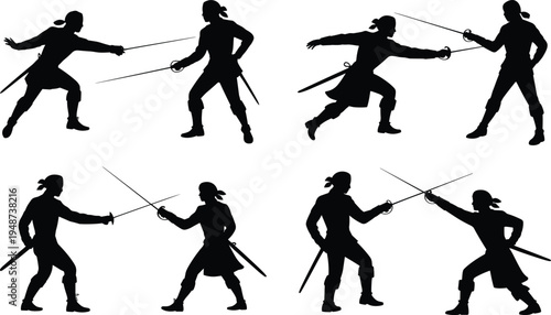 Fencing sword fighting silhouette illustration collection, duel combat design artwork, historical martial arts concept set, rapier battle scene vector, cad drawing flat vector illustration