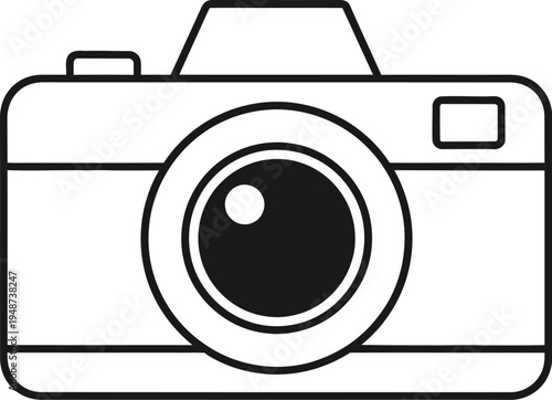 Black photo camera icon vector illustration with lens and flash symbol for photography and digital technology design
