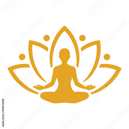 A golden yoga icon featuring a person in a meditative pose centered within a stylized lotus flower