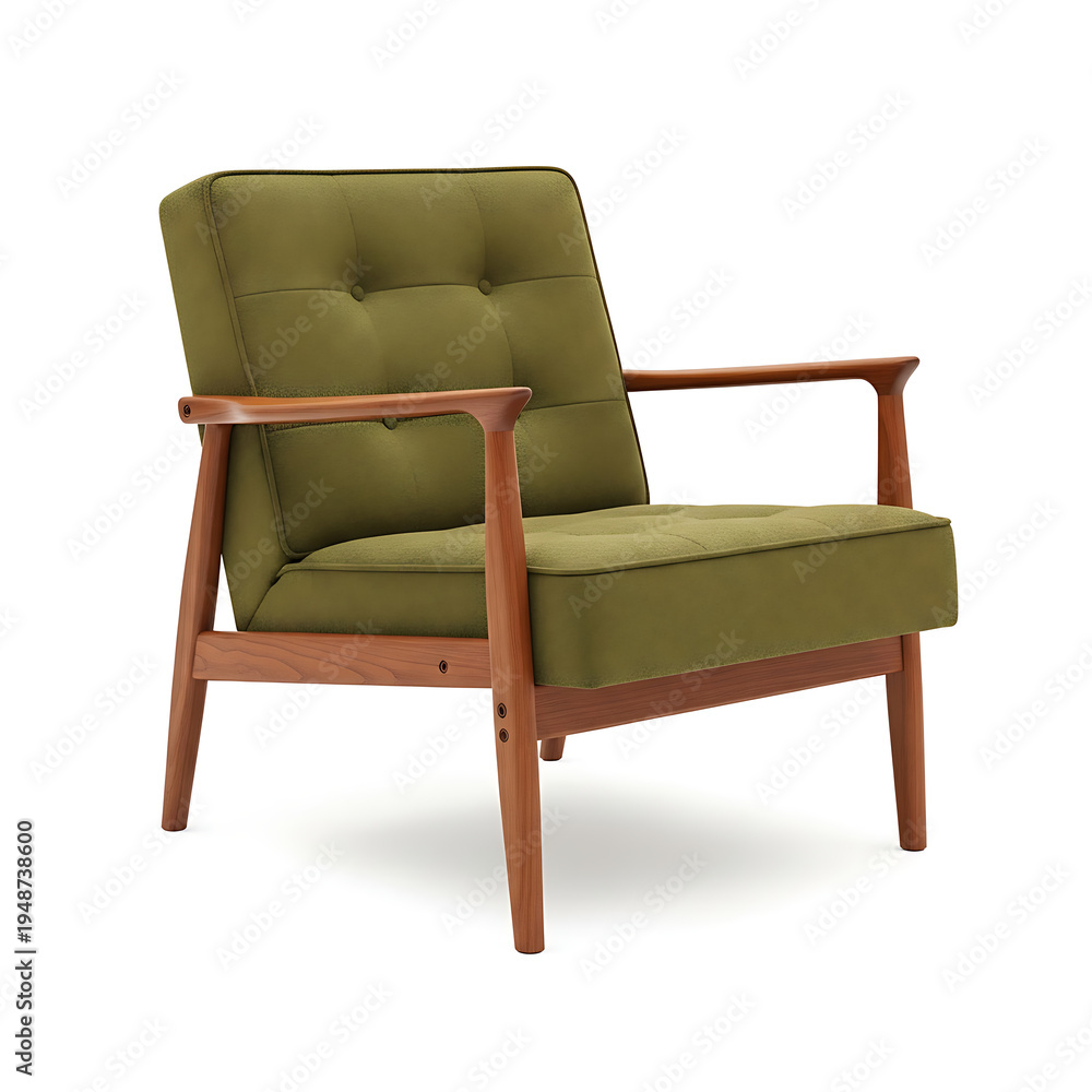 Fototapeta premium Modern Green Velvet Armchair with Wooden Frame Isolated on White