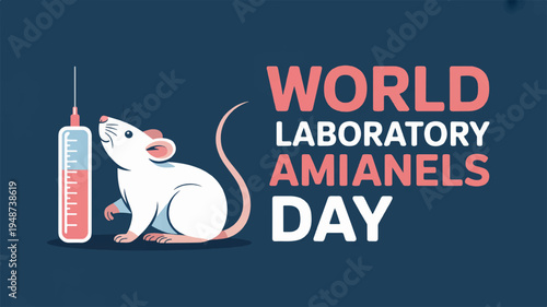 World laboratory animals day awareness graphic with white lab mouse and syringe on dark blue background