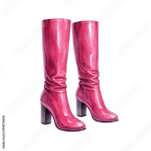 A watercolor vector of pink knee high boots for fashion illustrations, stylish footwear designs, and trendy outfit clipart.