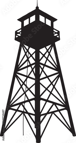 Black Silhouette of a Tall Fire Lookout Tower Isolated on White