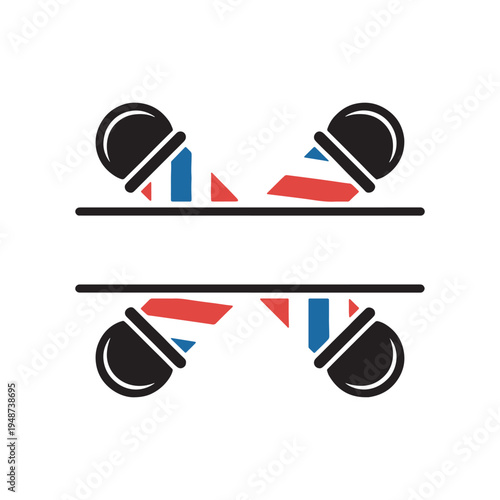 A minimalist split barber pole design featuring red and blue stripes and black rounded end caps