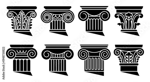 Ancient Greek Column Capitals Vector Illustration Set