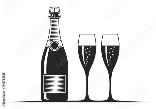 Black and white of a champagne bottle and two flutes filled with bubbly drink