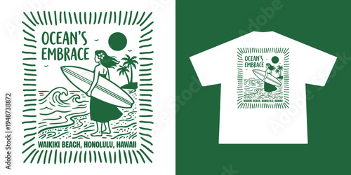  Hand-drawn Retro illustration of summer club, surfing Graphic Design for T shirt streetwear and urban style