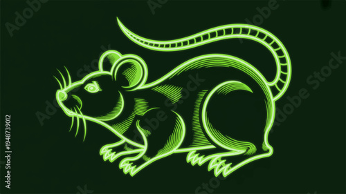 Glowing green neon mouse silhouette on dark background futuristic rodent illustration