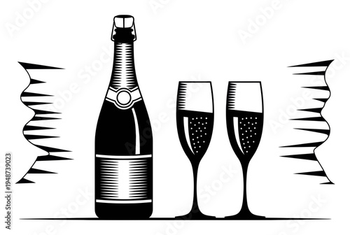 Champagne Bottle and Glasses Luxury Celebration Vector Illustration