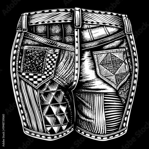 Detailed illustration of decorated leather pants with various patterns