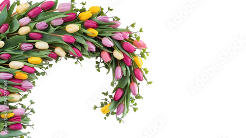 Spring tulip flowers corner wreath frame isolated on transparent background PNG, floral decoration element
