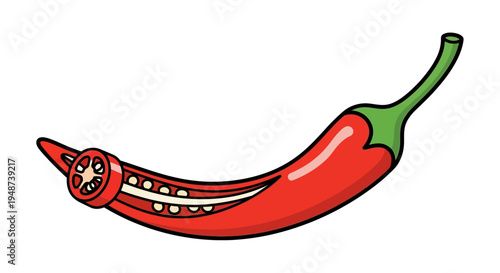 A vibrant red chili pepper with two small slices floating above it, set against a white background.