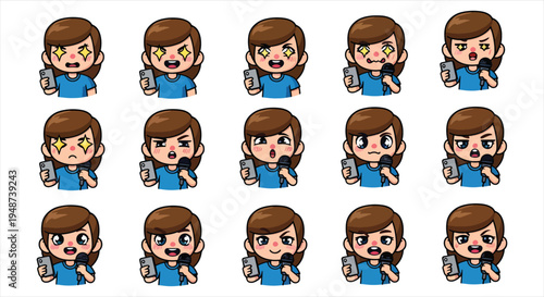 Cute Gamer Girl Character Emote Sticker Set, Cartoon Gaming Avatar Emoji Pack, Streaming Reaction Icons for Twitch Discord Vector