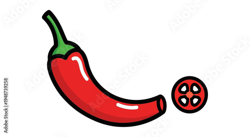 A vibrant red chili pepper with two small slices floating above it, set against a white background.