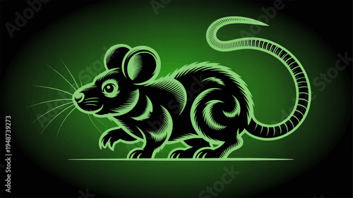 Glowing green mouse silhouette with radiant whiskers on dark background illustration