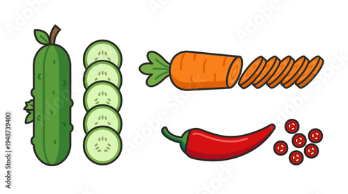 A vibrant red chili pepper with two small slices floating above it, set against a white background.