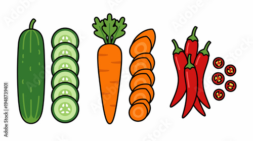 A vibrant red chili pepper with two small slices floating above it, set against a white background.