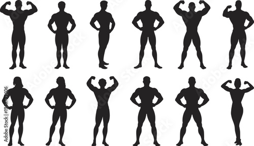 Bodybuilding pose silhouette illustration, muscular fitness figure design, competition athlete artwork concept, strength training scene vector, cad drawing flat vector illustration