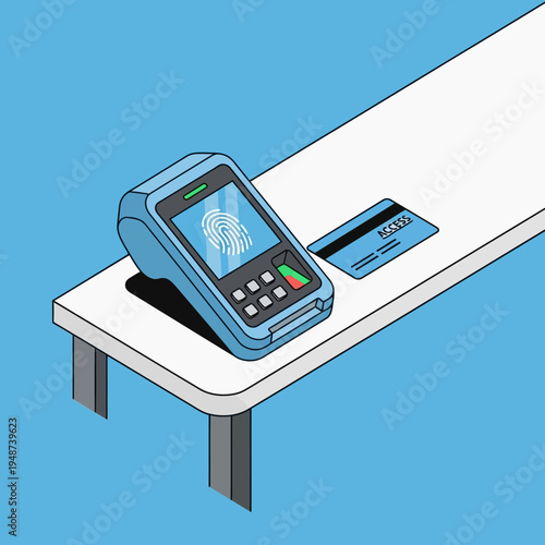 Isometric view of a point-of-sale terminal with a fingerprint scanner and a credit card.