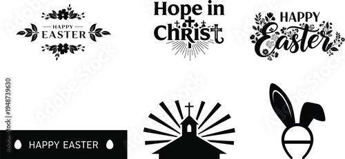 Christian Easter typography set with Hope in Christ, church cross and bunny ears