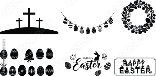 Happy Easter typography, cross hill, egg garland and decorated eggs silhouette set