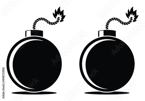 Two Black Cartoon Bombs with Burning Fuses on White Background