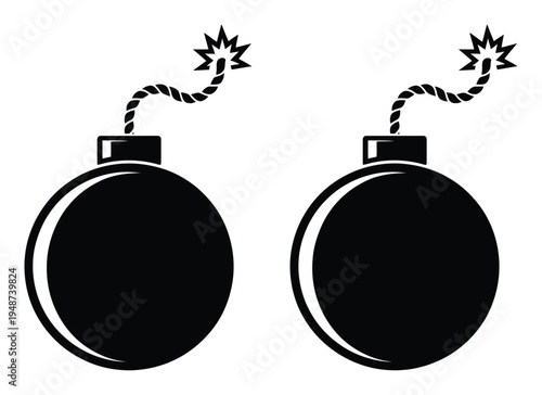 Two Black Cartoon Bombs with Lit Fuses on White Background