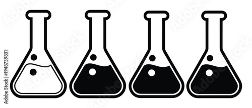 Four Flasks with Liquid and Bubbles, Science and Chemistry Concept