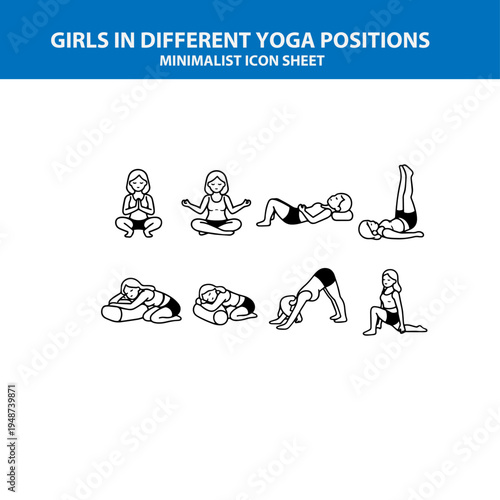 Girls in Different Yoga Positions Icon Sheet