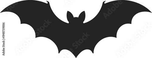 Bat silhouette with wings spread, Halloween dark creature illustration, nocturnal animal design artwork, spooky flying figure concept, cad drawing flat vector illustration