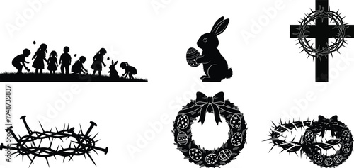 Easter and Christian cross with crown of thorns, bunny and egg hunt silhouettes set