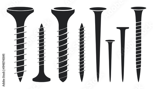 Screw and Nail Set Black Vector Illustration