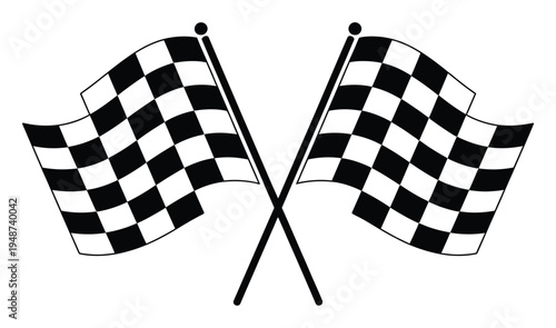 Two Crossed Checkered Flags Waving on White Background