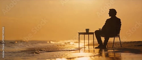 Silhouette man male adult on chair at table with coffee cup by beach shore at sunrise and sunset, calm sea waves, serene horizon light, peaceful solitude relaxation scene