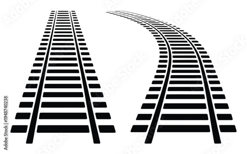 Two Black and White Train Tracks, One Straight and One Curved