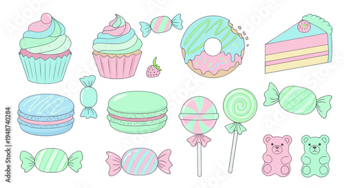 Pastel Sweets Assortment: Cupcakes, Donuts, Macarons, Lollipops, Candies