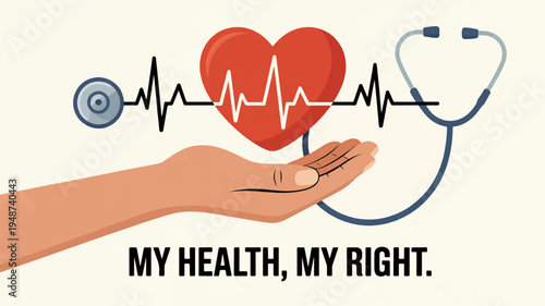 Hand holding red heart with stethoscope and ecg line symbolizing healthcare and wellness