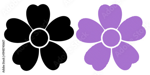 Simple graphic of a black and a purple stylized flower side by side