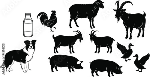 Silhouettes of farm animals including rooster, sheep, goats, pigs, ducks, and dog with milk bottle, ideal for agriculture design, livestock education, rural branding, and farming illustrations.