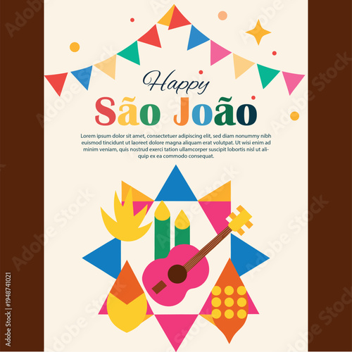 Happy sao joao festival poster with guitar and flags