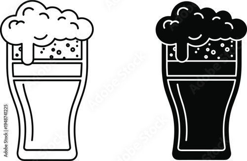 Stylized beer glass illustration with overflowing foam, outline and silhouette design, perfect for branding, icon design, pub menu graphics, brewery advertising, and craft beer promotions.