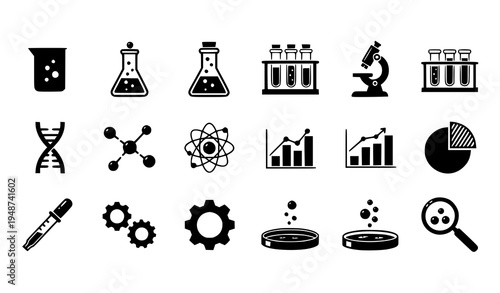 Science laboratory icon set chemistry equipment molecule chart vector symbols