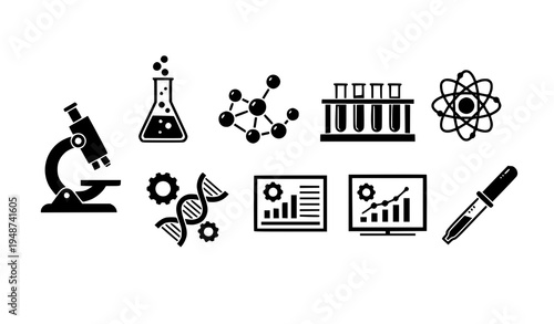 Laboratory science and engineering icons chemistry molecule research vector set