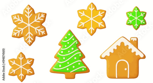 Christmas gingerbread cookies: snowflakes, tree, and house on white background
