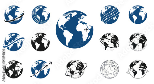 Global Travel Icons: Earth Globes with Airplanes and Orbiting Lines